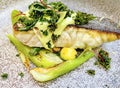 Pan fried seabass with mediterranean style sauteed fennel