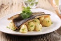 Pan fried trout fillets with potatoes Royalty Free Stock Photo