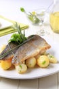 Pan fried trout fillets with potatoes Royalty Free Stock Photo