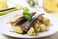 Pan fried trout with potatoes Royalty Free Stock Photo