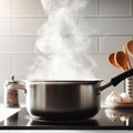 The pan is heated, steaming on an electric stove Royalty Free Stock Photo