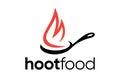 pan with hot fire logo. kitchen tools, cooking, restaurant, food symbol design concept Royalty Free Stock Photo