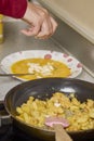 a pan with ingredients for preparing scrambled eggs, cheese, fried potatoes Royalty Free Stock Photo