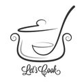 Pan with ladle ornate. Kitchen spoon in a Saucepan pot on white background Royalty Free Stock Photo