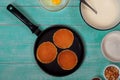 Pan with pancakes and ingredients for making pancakes