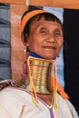 Pan Pet, Kayah State, Myanmar - February 2020: Portrait of an elderly Kayan longneck woman or Paduang