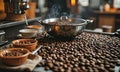 A pan of roasted coffee beans sits on a table with a few bowls of coffee on it. Royalty Free Stock Photo