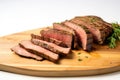 pan-seared beef brisket slices on a plain background
