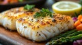 Pan-seared cod, asparagus, carrots, lemon. Kitchen background. Recipe image Royalty Free Stock Photo