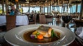 Pan-seared fish, ocean view restaurant, lunch Royalty Free Stock Photo
