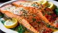 Pan seared salmon with herbs and lemon slices. Delicious home cooked meal nutritious whole food source of protein and Omega 3