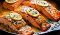 Pan seared salmon steaks with herbs and lemon slices. Delicious home cooked meal. AI generated