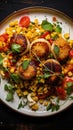 Pan-seared scallops on corn salsa with arugula and tomatoes Royalty Free Stock Photo