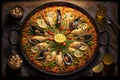 Pan of Spanish paella close-up.