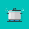 Pan with steam on gas stove fire cooking some boiling food vector illustration isolated, flat cartoon saucepan and Royalty Free Stock Photo