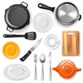 Pan vector kitchenware or cookware for cooking food with kitchen utensil cutlery and plate illustration set of dishware Royalty Free Stock Photo