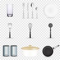 Pan vector kitchenware or cookware for cooking food with kitchen utensil cutlery and plate illustration set of dishware Royalty Free Stock Photo