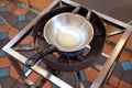 Pan with warm oil on the gas stove in preparation for cooking in Royalty Free Stock Photo