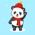 Cute Panda in Winter Hat and Scarf Waving Vector Illustration Cartoon Royalty Free Stock Photo