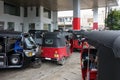 Panadura, Sri Lanka - May 10, 2018: Many tuk-tuk taxi in line at the gas station