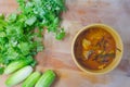 Panaeng curry pork with fresh coriander and cucumber Royalty Free Stock Photo