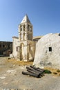 Panagia Myrtidiotissa old Medieval Greek Orthodox Church at Chora Kythira island, Kithira, Greece. Belfry two bells stonewall