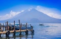 Panajachel, Guatemala -April, 25, 2018: Boats at piers in the remote village of San Pedro, lake Atitlan in the