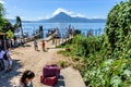 Boats, jetties & volcano, Lake Atitlan, Guatemala Royalty Free Stock Photo