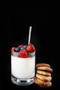 Panakota creamy Italian dessert in a glass cup with berries and a stack of ginger cookies