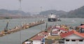 Panama Canal commercial cargo ship tug boats exit locks 4K