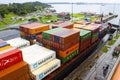 Panama Canal, Panama - December 7, 2019: A cargo ship entering the Miraflores Locks in the Panama Canal Royalty Free Stock Photo