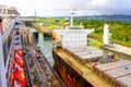 Panama Canal, Panama - December 7, 2019: A cargo ship entering the Miraflores Locks in the Panama Canal Royalty Free Stock Photo