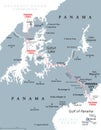 Panama Canal, artificial waterway in Panama, gray political map