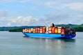 Panama, Panama Canal - November 2021: View of container ship Tamina with home port of Monrovia