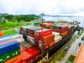 Panama Canal, Panama - December 7, 2019: A cargo ship entering the Miraflores Locks in the Panama Canal Royalty Free Stock Photo