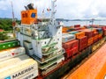 Panama Canal, Panama - December 7, 2019: A cargo ship entering the Miraflores Locks in the Panama Canal Royalty Free Stock Photo