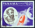 PANAMA - CIRCA 1966: A stamp printed in Panama shows Jules Verne and rocket, circa 1966.