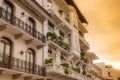 PANAMA CITY, PANAMA - APRIL 20, 2018: Outdoor view of gorgeous spanish colonial house with wrought iron and plants