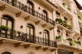 PANAMA CITY, PANAMA - APRIL 20, 2018: Outdoor view of gorgeous spanish colonial house with wrought iron and plants Royalty Free Stock Photo