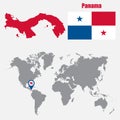 Panama map on a world map with flag and map pointer. Vector illustration