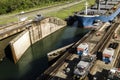 Panama, the Miraflores Canal locks open to let an oil tanker