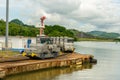 Panama mules at the Miraflores lock on the Panama canal Royalty Free Stock Photo