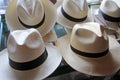 Panama straw hat grades showed at the manufacterer, fino and superfino, Montecristi, Ecuador Royalty Free Stock Photo