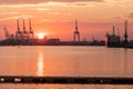 Panamax Shipping cranes at sunset in Southampton, England