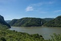 Panarama of Danube river with Decebalus Head sculpted in rock, D Royalty Free Stock Photo