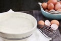 Pancake Batter with Egg Whisk and Fresh Eggs Royalty Free Stock Photo