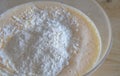 Pancake batter preparation, scrambled eggs and flour Royalty Free Stock Photo