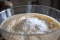 Pancake batter preparation, scrambled eggs and flour Royalty Free Stock Photo