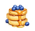 Pancake with blueberries and honey. Sweet dessert breakfast