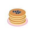 Pancake with blueberries on a plate in flat style, single element for design. food, american dessert